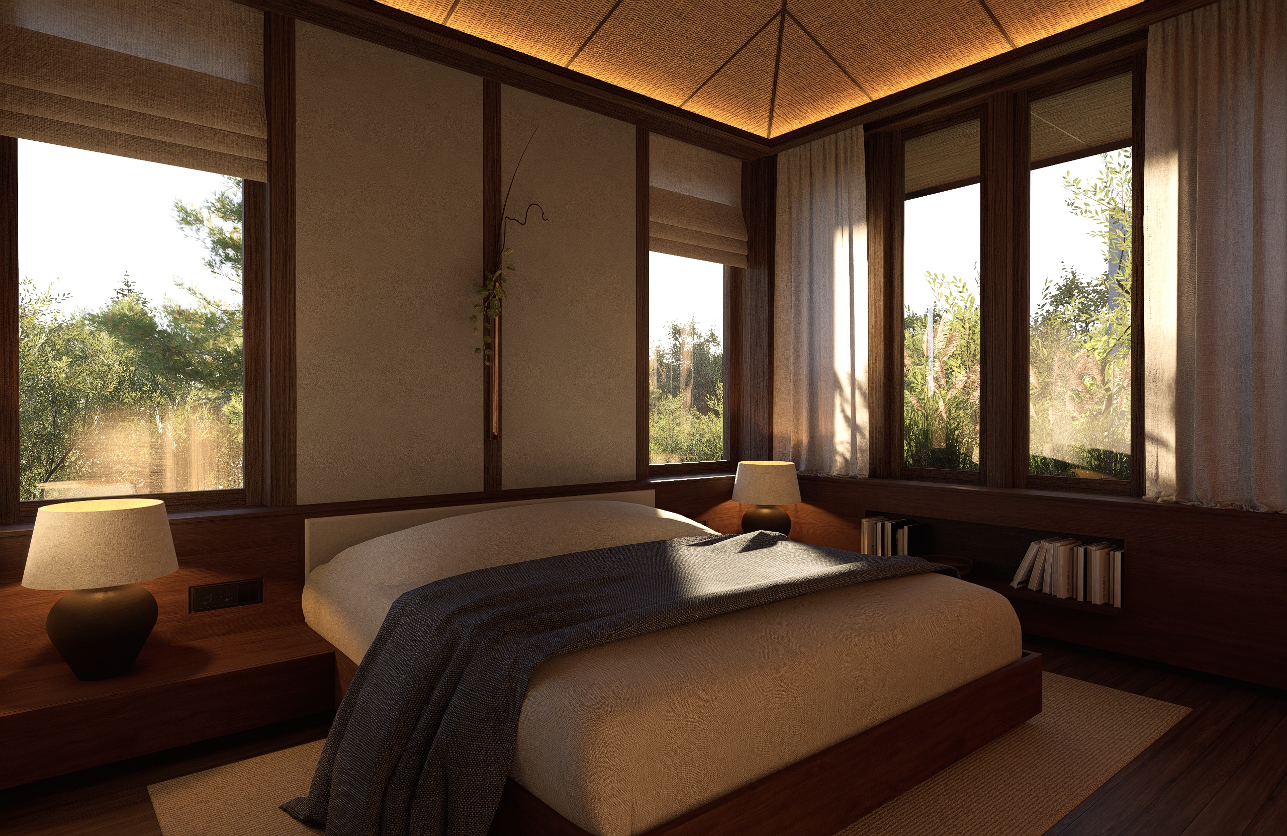 Bedroom interior with teak wood and rattan furniture, Umah Meno