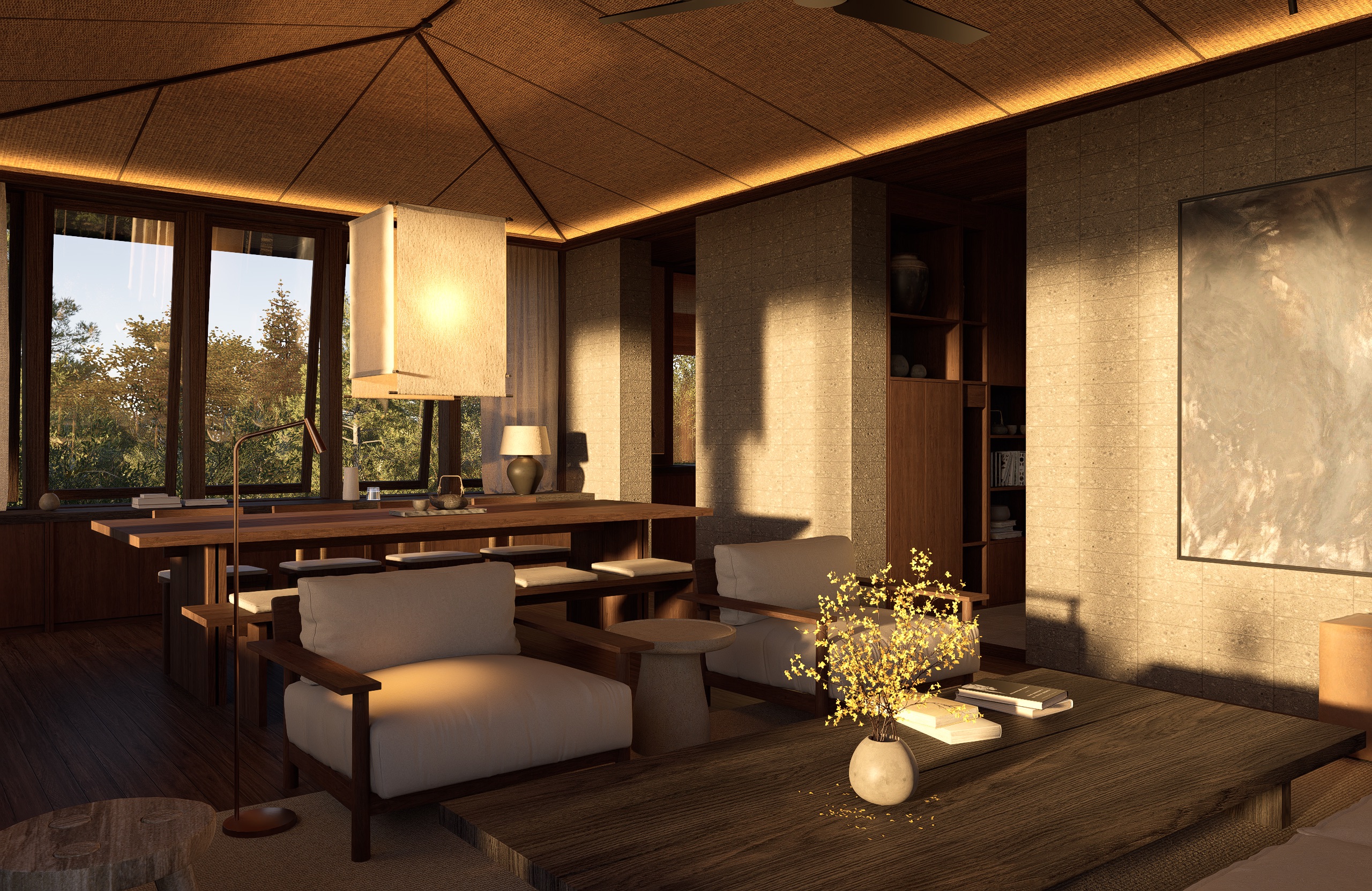 Open-plan living and dining space, Umah Meno residence