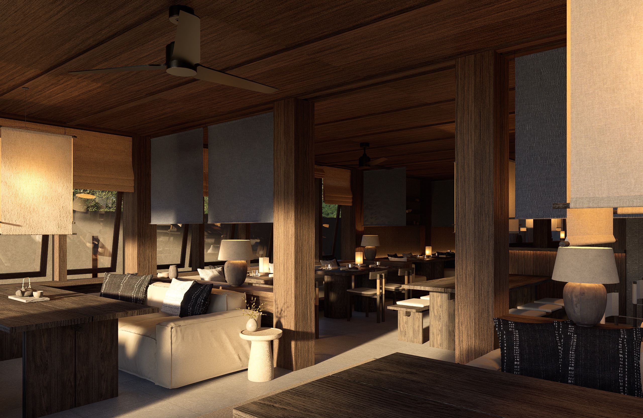 Dark timber-clad restaurant interior with natural stone flooring, Umah Meno